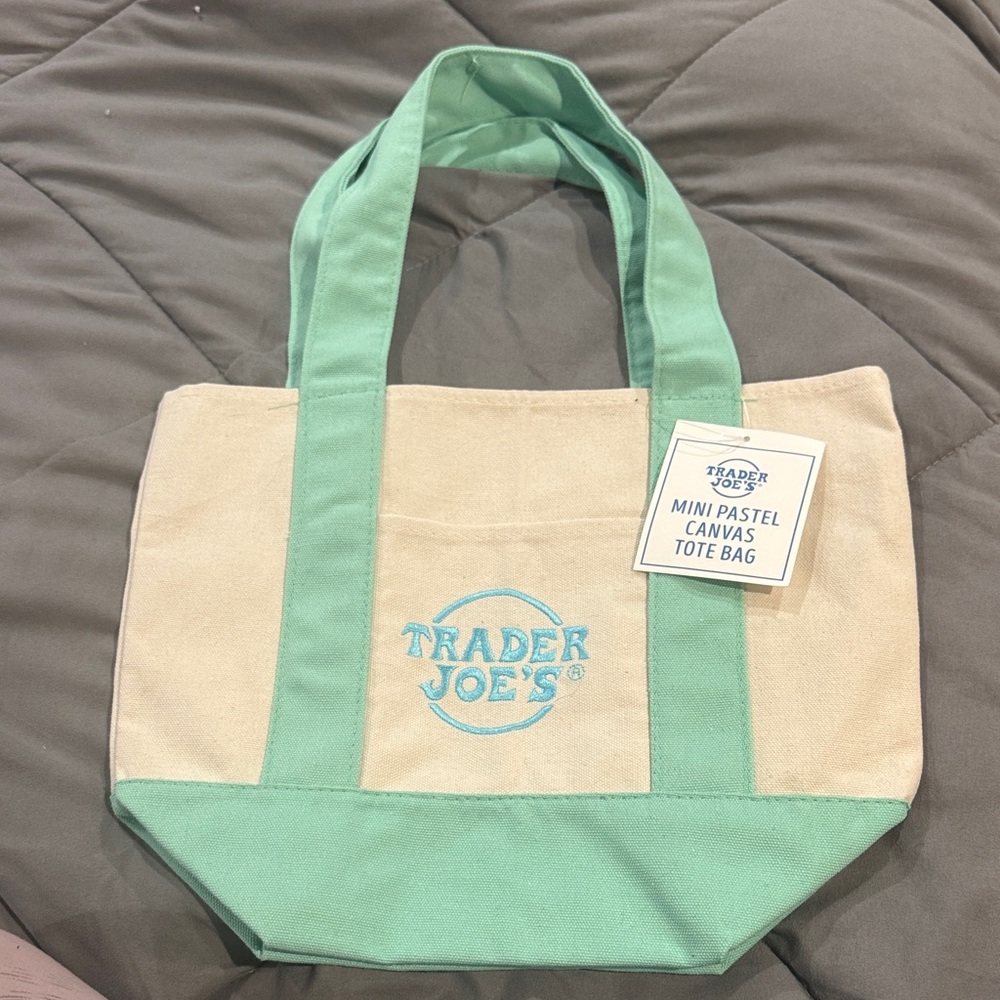 Trader Joe's Pastel Green and Cream Canvas Tote Bag
